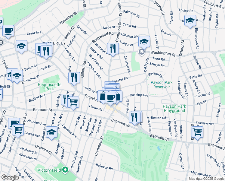 map of restaurants, bars, coffee shops, grocery stores, and more near 418 Common Street in Belmont
