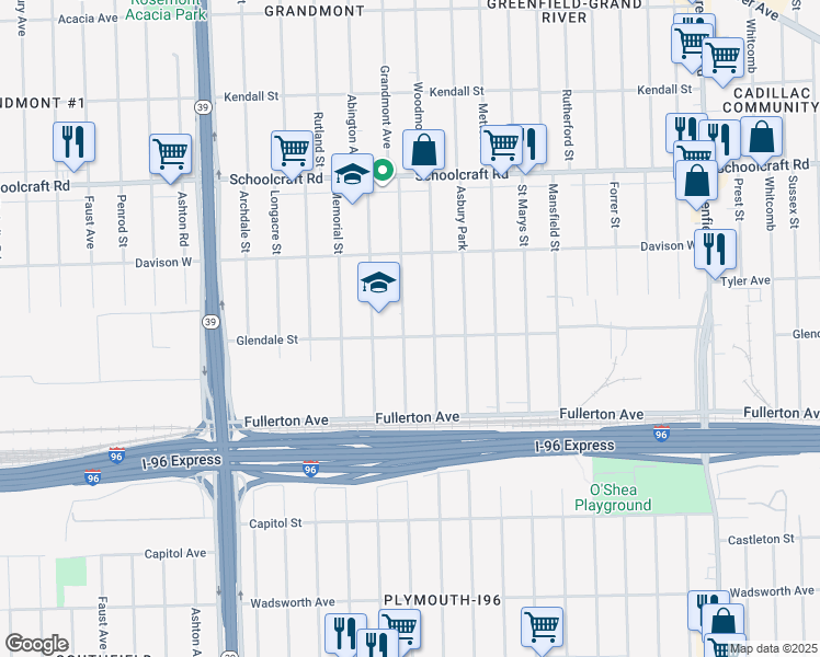 map of restaurants, bars, coffee shops, grocery stores, and more near 12810 Grandmont Road in Detroit