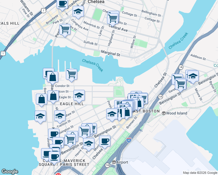 map of restaurants, bars, coffee shops, grocery stores, and more near 257 Condor Street in Boston