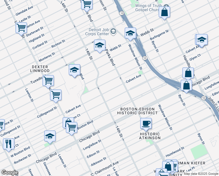 map of restaurants, bars, coffee shops, grocery stores, and more near 2012 Calvert Avenue in Detroit