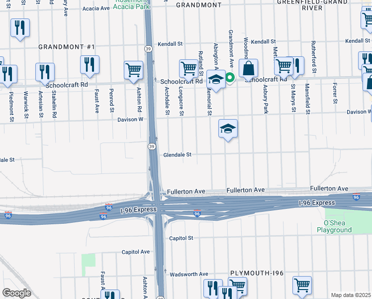 map of restaurants, bars, coffee shops, grocery stores, and more near 12814 Longacre Street in Detroit