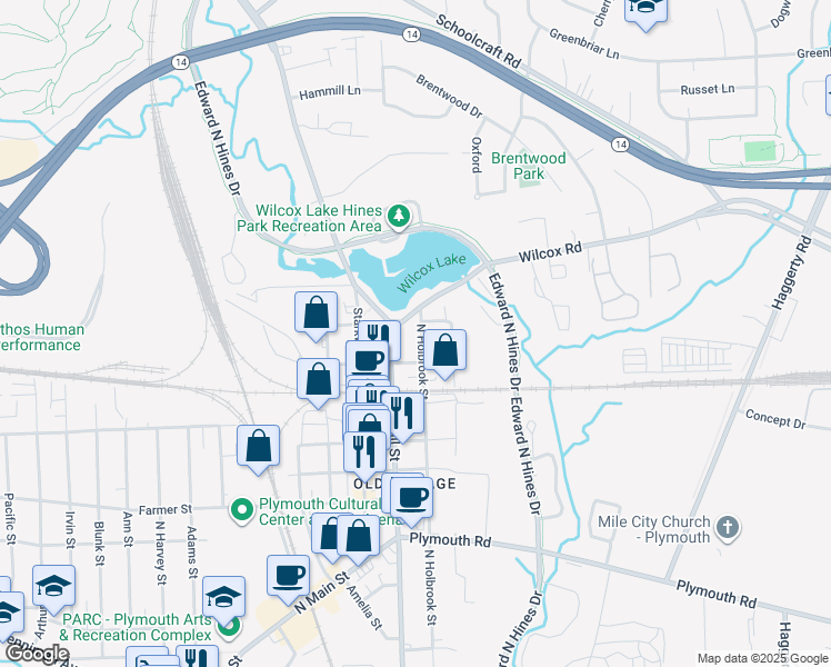 map of restaurants, bars, coffee shops, grocery stores, and more near 1071 North Holbrook Street in Plymouth
