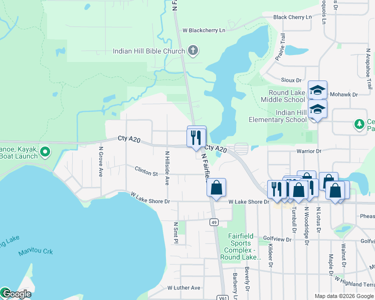 map of restaurants, bars, coffee shops, grocery stores, and more near 24571 West Rollins Road in Round Lake