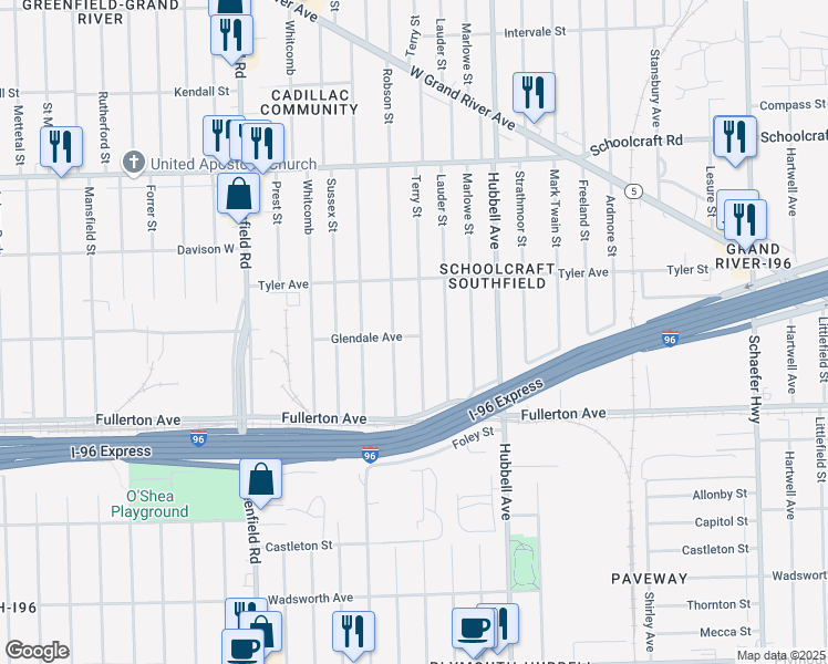 map of restaurants, bars, coffee shops, grocery stores, and more near 12801 Terry Street in Detroit