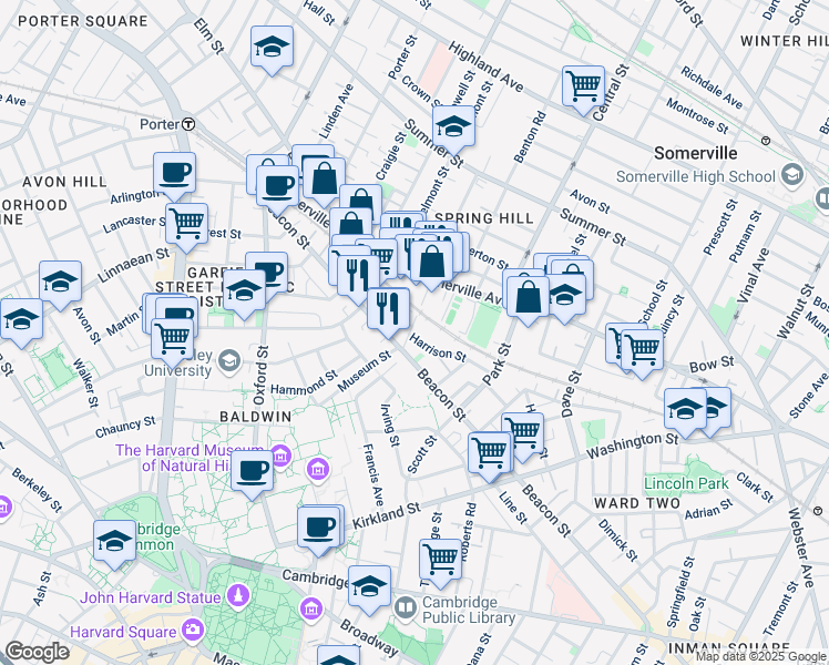 map of restaurants, bars, coffee shops, grocery stores, and more near 51 Harrison Street in Somerville
