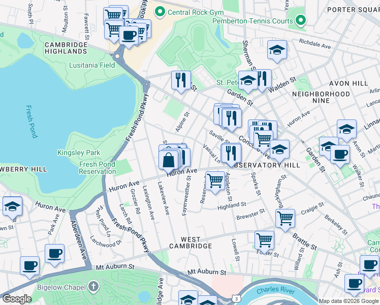 map of restaurants, bars, coffee shops, grocery stores, and more near 101 Fayerweather Street in Cambridge