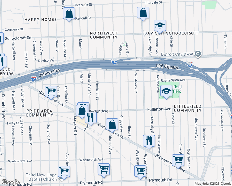 map of restaurants, bars, coffee shops, grocery stores, and more near 12722 Birwood Street in Detroit
