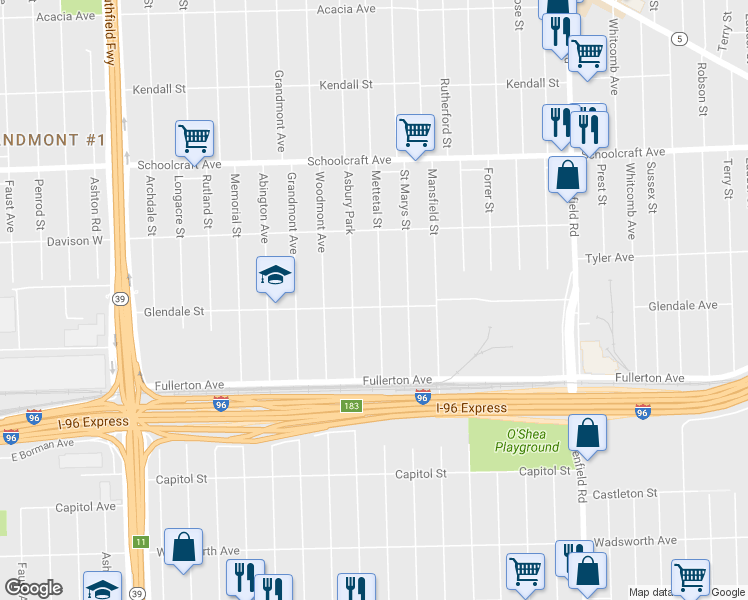 map of restaurants, bars, coffee shops, grocery stores, and more near 12811 Mettetal Street in Detroit