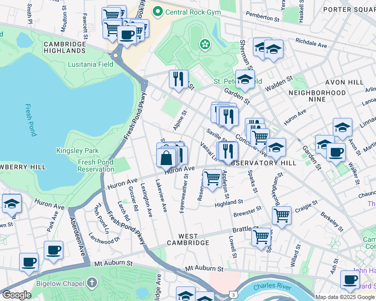 map of restaurants, bars, coffee shops, grocery stores, and more near 101 Fayerweather Street in Cambridge