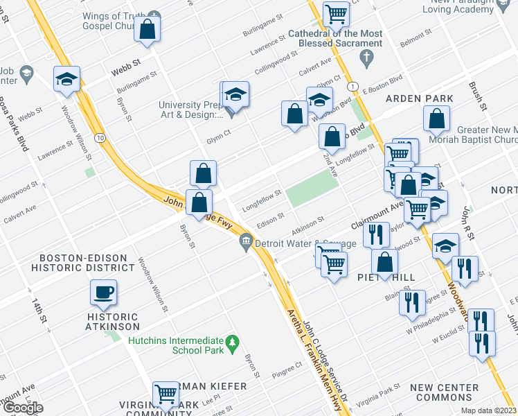 map of restaurants, bars, coffee shops, grocery stores, and more near 889 Longfellow Street in Detroit