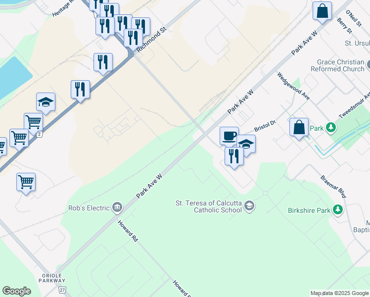 map of restaurants, bars, coffee shops, grocery stores, and more near 683 Park Avenue West in Chatham