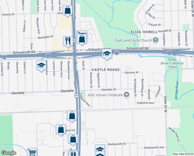map of restaurants, bars, coffee shops, grocery stores, and more near 12899 Appleton Street in Detroit