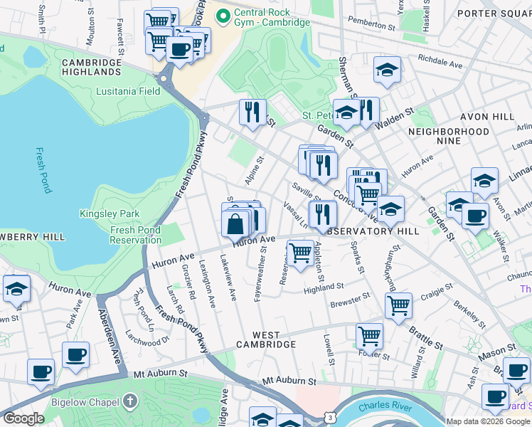 map of restaurants, bars, coffee shops, grocery stores, and more near 101 Fayerweather Street in Cambridge