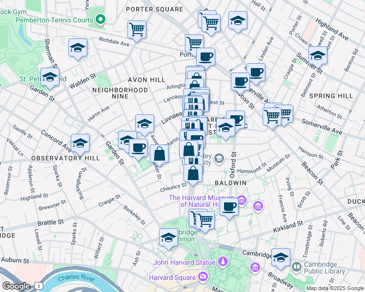 map of restaurants, bars, coffee shops, grocery stores, and more near 9 Bowdoin Street in Cambridge