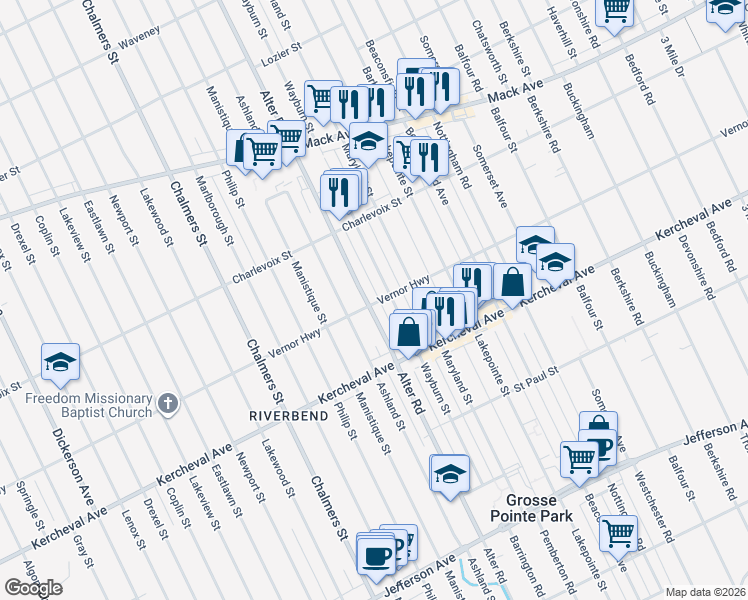 map of restaurants, bars, coffee shops, grocery stores, and more near 2500 Alter Road in Detroit