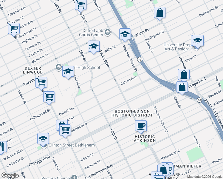 map of restaurants, bars, coffee shops, grocery stores, and more near 1931 Calvert Avenue in Detroit
