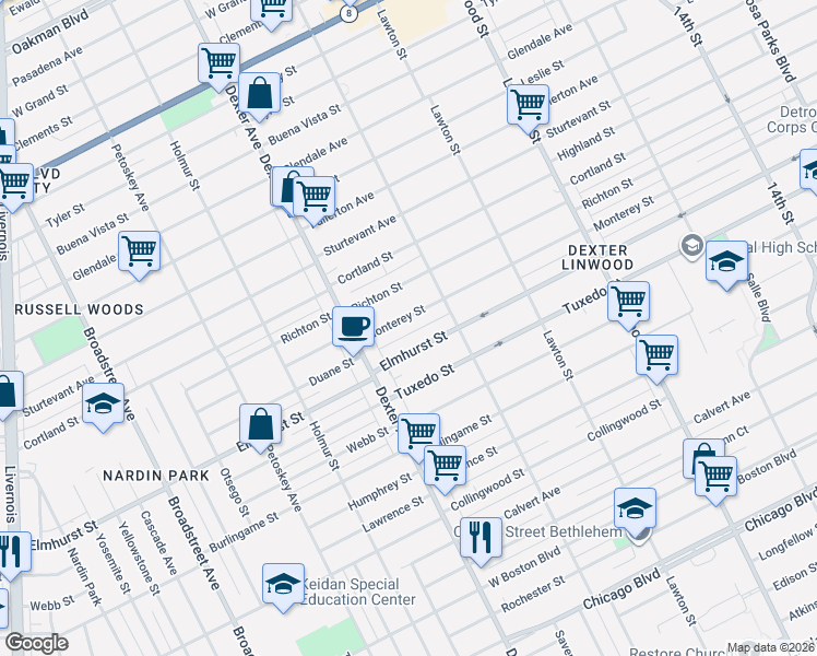 map of restaurants, bars, coffee shops, grocery stores, and more near 3307 Monterey Street in Detroit