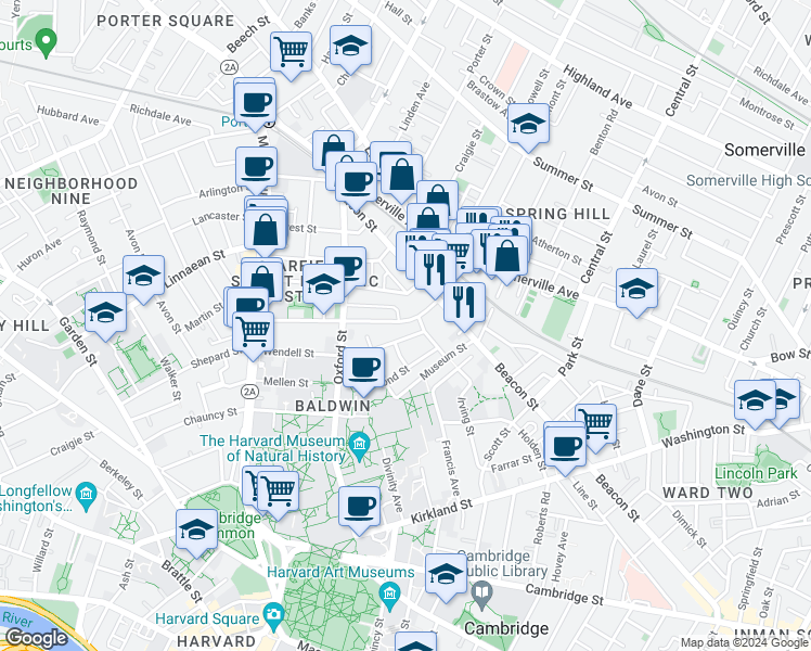 map of restaurants, bars, coffee shops, grocery stores, and more near 62 Sacramento Street in Cambridge