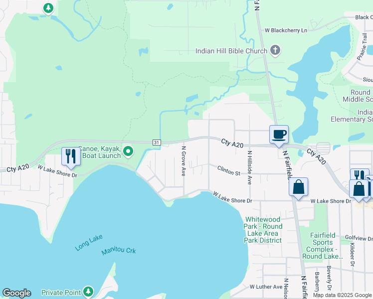 map of restaurants, bars, coffee shops, grocery stores, and more near 35725 North Grove Avenue in Ingleside