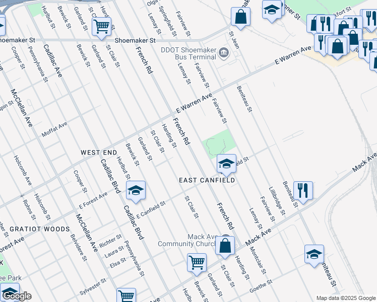 map of restaurants, bars, coffee shops, grocery stores, and more near 4553 French Road in Detroit