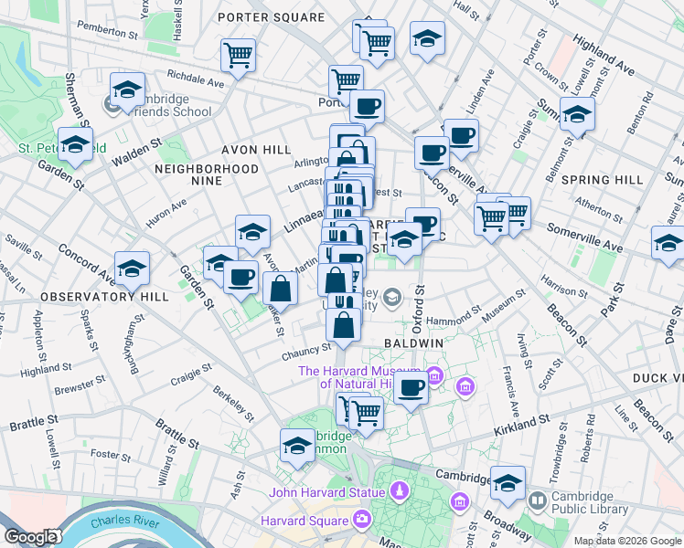 map of restaurants, bars, coffee shops, grocery stores, and more near 1680 Massachusetts Avenue in Cambridge