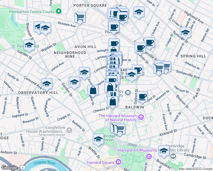 map of restaurants, bars, coffee shops, grocery stores, and more near 9 Bowdoin Street in Cambridge