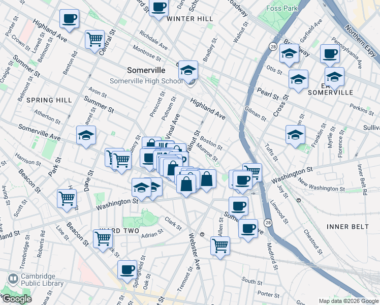 map of restaurants, bars, coffee shops, grocery stores, and more near 31 Walnut Street in Somerville