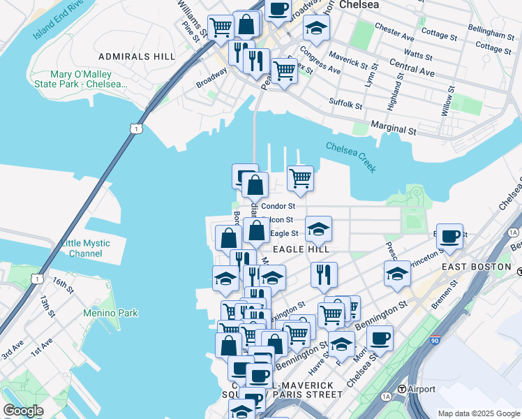 map of restaurants, bars, coffee shops, grocery stores, and more near 47 Condor Street in Boston