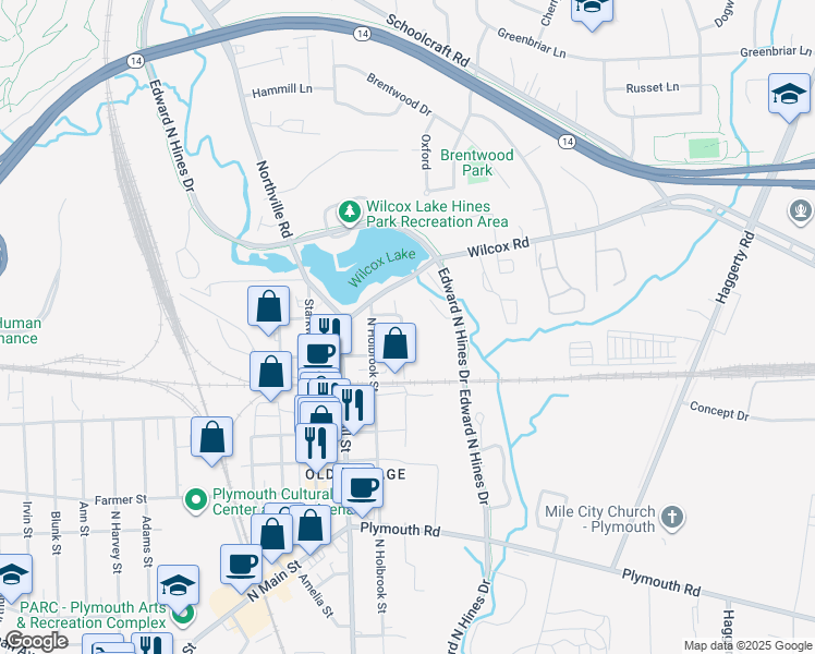 map of restaurants, bars, coffee shops, grocery stores, and more near 1070 York Street in Plymouth