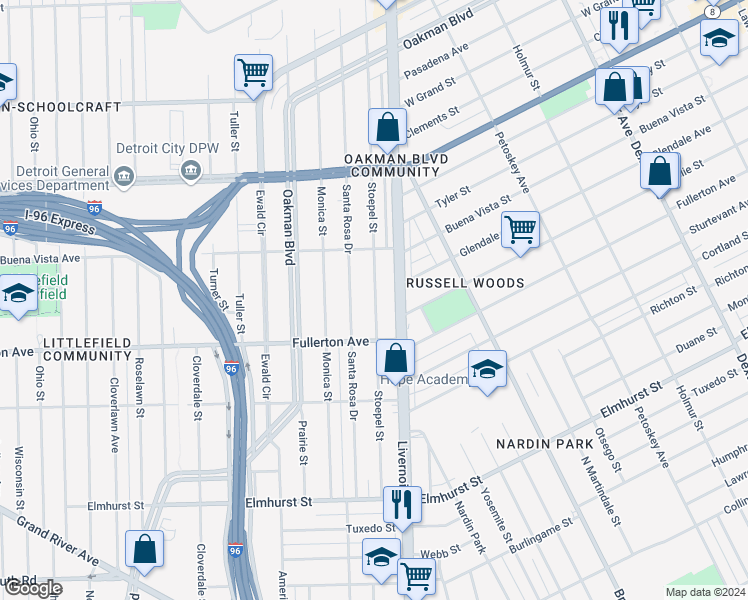 map of restaurants, bars, coffee shops, grocery stores, and more near 12683 Stoepel Street in Detroit