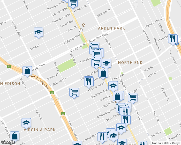 map of restaurants, bars, coffee shops, grocery stores, and more near 90 Clairmount Avenue in Detroit