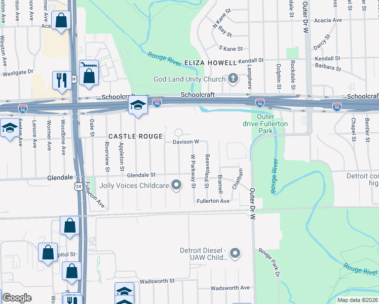 map of restaurants, bars, coffee shops, grocery stores, and more near 12891 West Parkway Street in Detroit
