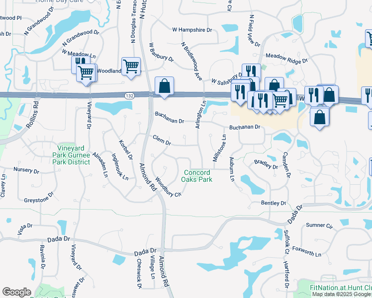 map of restaurants, bars, coffee shops, grocery stores, and more near 7279 Clem Drive in Gurnee