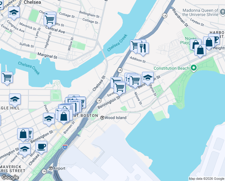 map of restaurants, bars, coffee shops, grocery stores, and more near 656 Saratoga Street in Boston