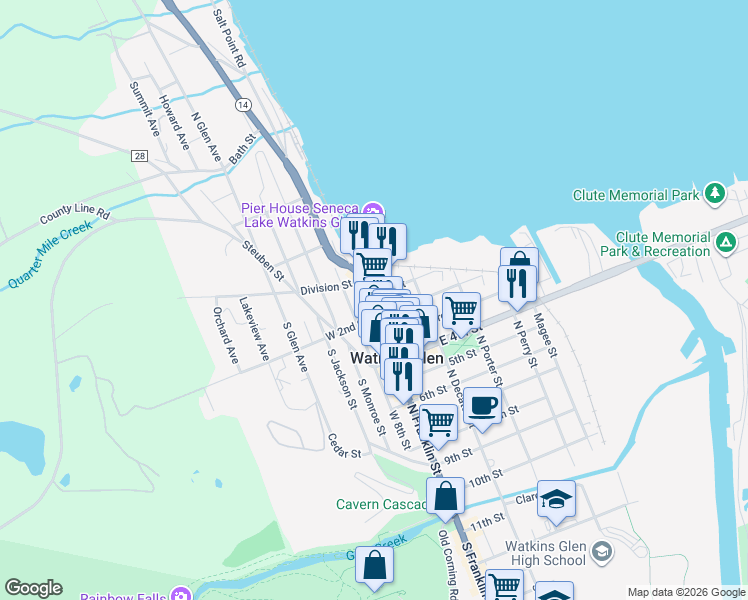 map of restaurants, bars, coffee shops, grocery stores, and more near 198 West 2nd Street in Watkins Glen
