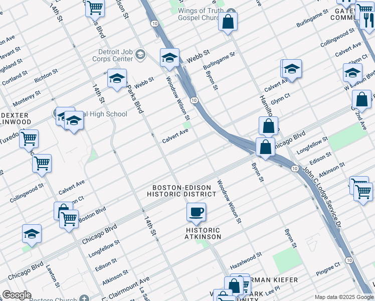 map of restaurants, bars, coffee shops, grocery stores, and more near 1665 Glynn Court in Detroit
