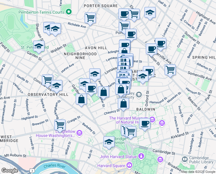 map of restaurants, bars, coffee shops, grocery stores, and more near in Cambridge