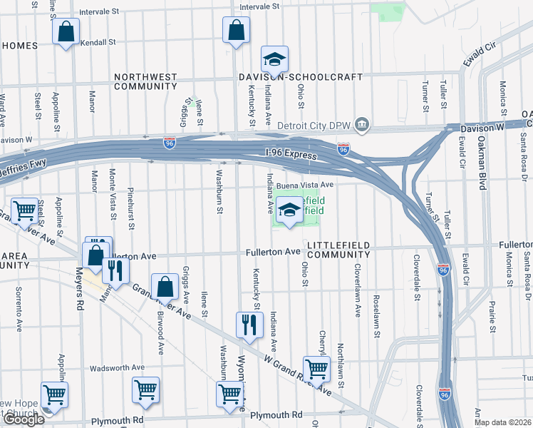 map of restaurants, bars, coffee shops, grocery stores, and more near 12717 Indiana Street in Detroit