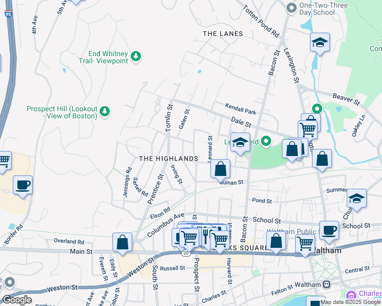 map of restaurants, bars, coffee shops, grocery stores, and more near 168 Hammond Street in Waltham