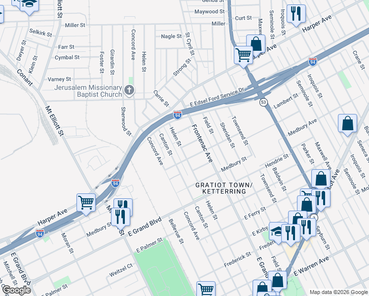 map of restaurants, bars, coffee shops, grocery stores, and more near 6144 Helen Street in Detroit