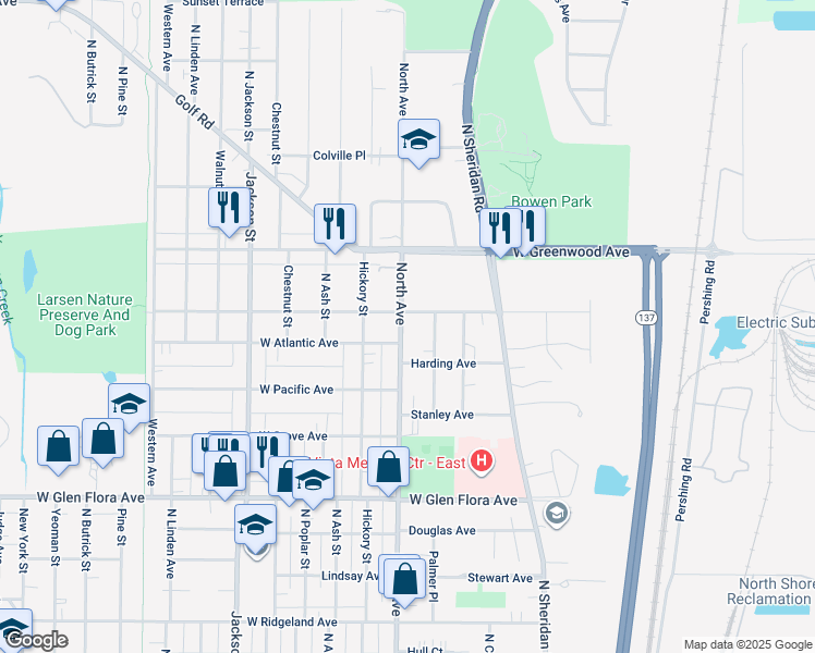 map of restaurants, bars, coffee shops, grocery stores, and more near 1611 North Avenue in Waukegan