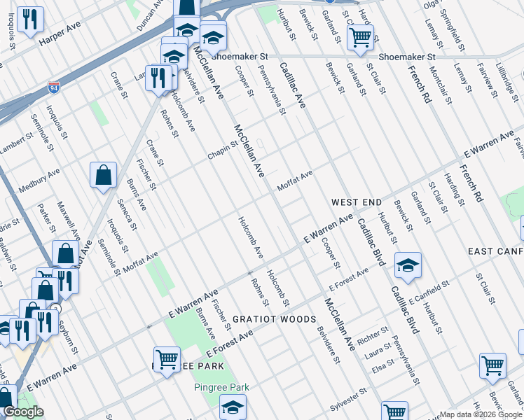 map of restaurants, bars, coffee shops, grocery stores, and more near 5156 Belvidere Street in Detroit