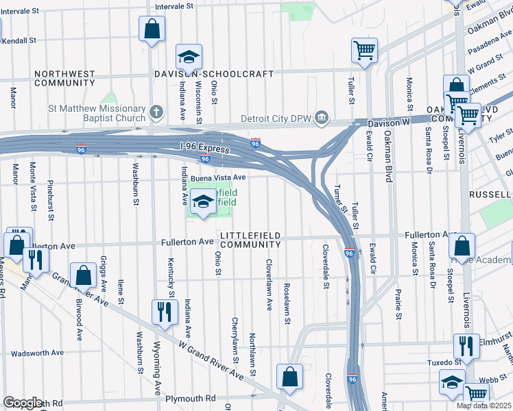 map of restaurants, bars, coffee shops, grocery stores, and more near 12708 Northlawn St in Detroit
