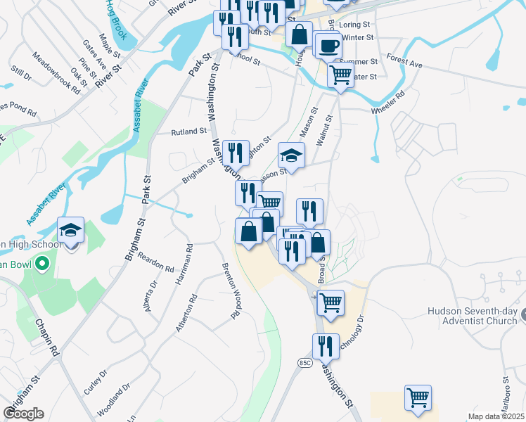 map of restaurants, bars, coffee shops, grocery stores, and more near 176 Washington Street in Hudson