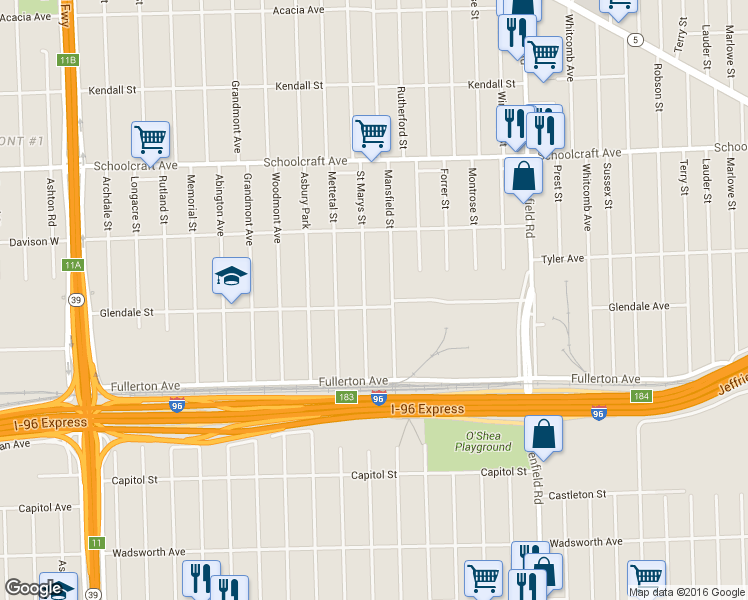 map of restaurants, bars, coffee shops, grocery stores, and more near 12810 Saint Marys Street in Detroit