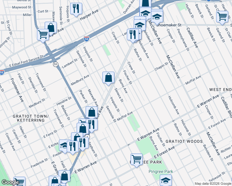 map of restaurants, bars, coffee shops, grocery stores, and more near 5475 Seneca Street in Detroit