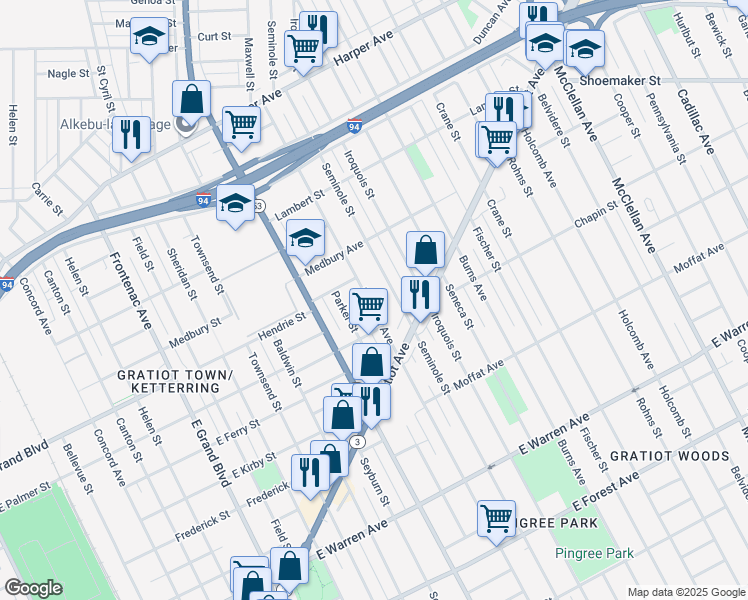 map of restaurants, bars, coffee shops, grocery stores, and more near 5748 Maxwell Avenue in Detroit