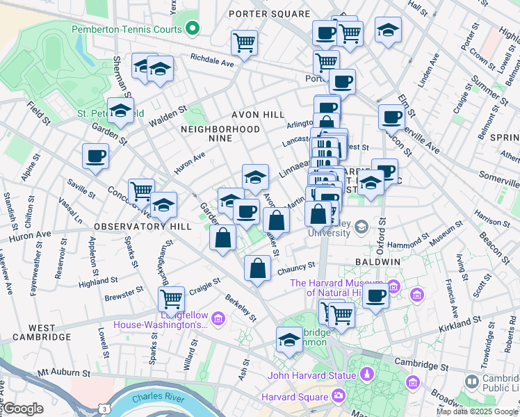 map of restaurants, bars, coffee shops, grocery stores, and more near 123 Walker Street in Cambridge