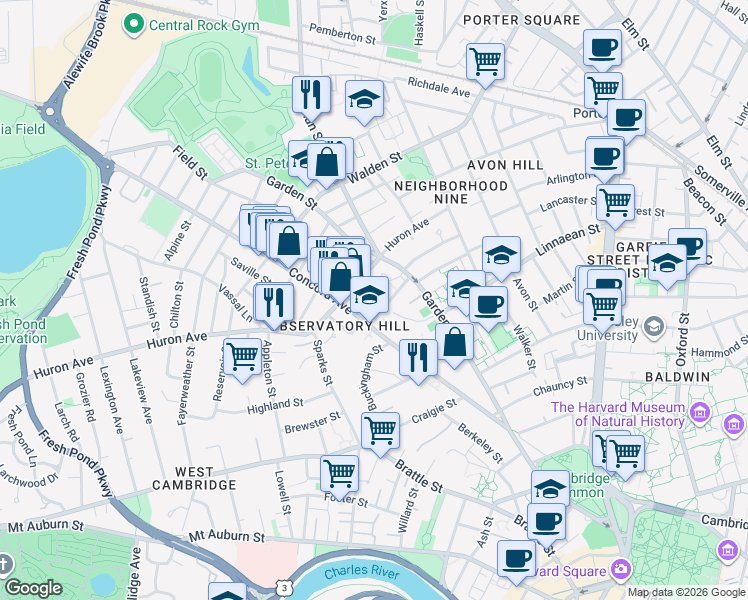 map of restaurants, bars, coffee shops, grocery stores, and more near 138-140 Huron Avenue in Cambridge