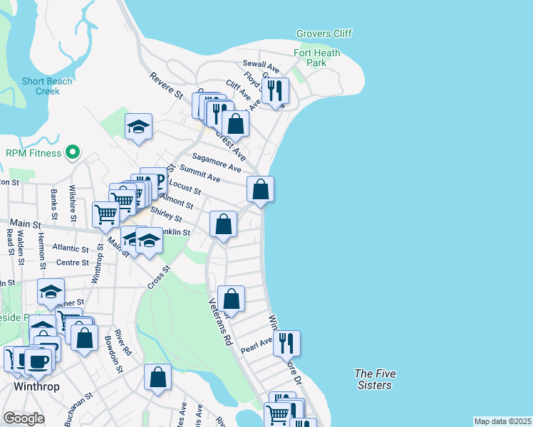 map of restaurants, bars, coffee shops, grocery stores, and more near 242 Winthrop Shore Drive in Winthrop